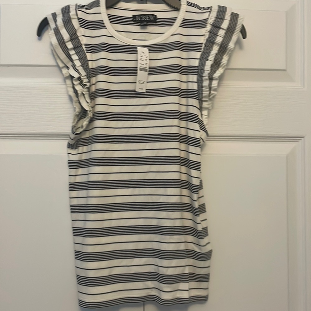J crew sleeveless striped shirt with ruffle shoulder. Size medium. NWT. Ivory.